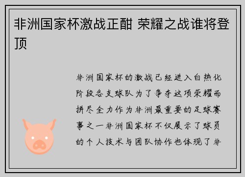 非洲国家杯激战正酣 荣耀之战谁将登顶