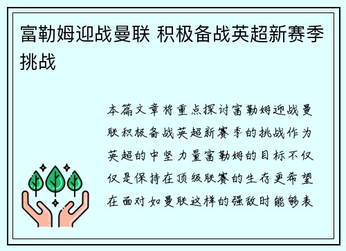 富勒姆迎战曼联 积极备战英超新赛季挑战